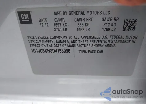 2013 Chevrolet Sonic Lt Auto from USA, damaged, VIN 1G1JC5SH3D4158996